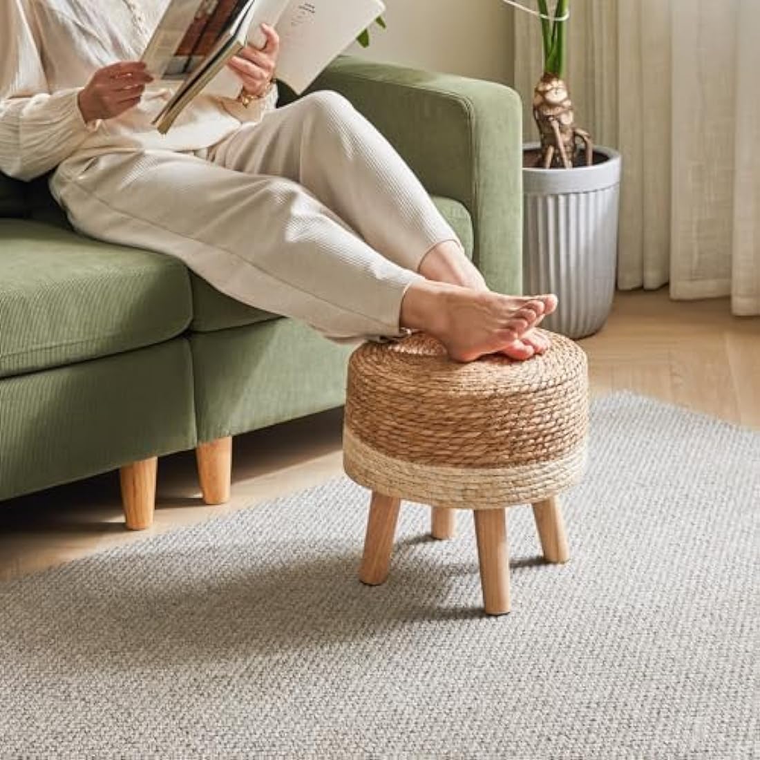 YMYNY Natural Seagrass Footstool | Hand-Woven Ottoman with Pine Legs