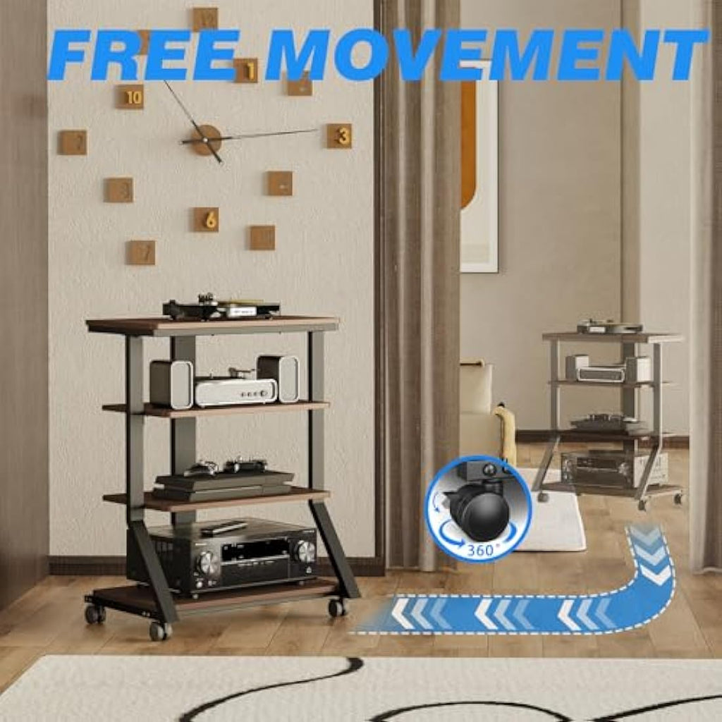 5Rcom 4-Tier HiFi Audio Rack | Rolling Wood Media Stand for Turntables