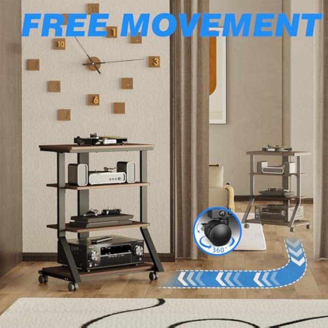 5Rcom 4-Tier HiFi Audio Rack | Rolling Wood Media Stand for Turntables