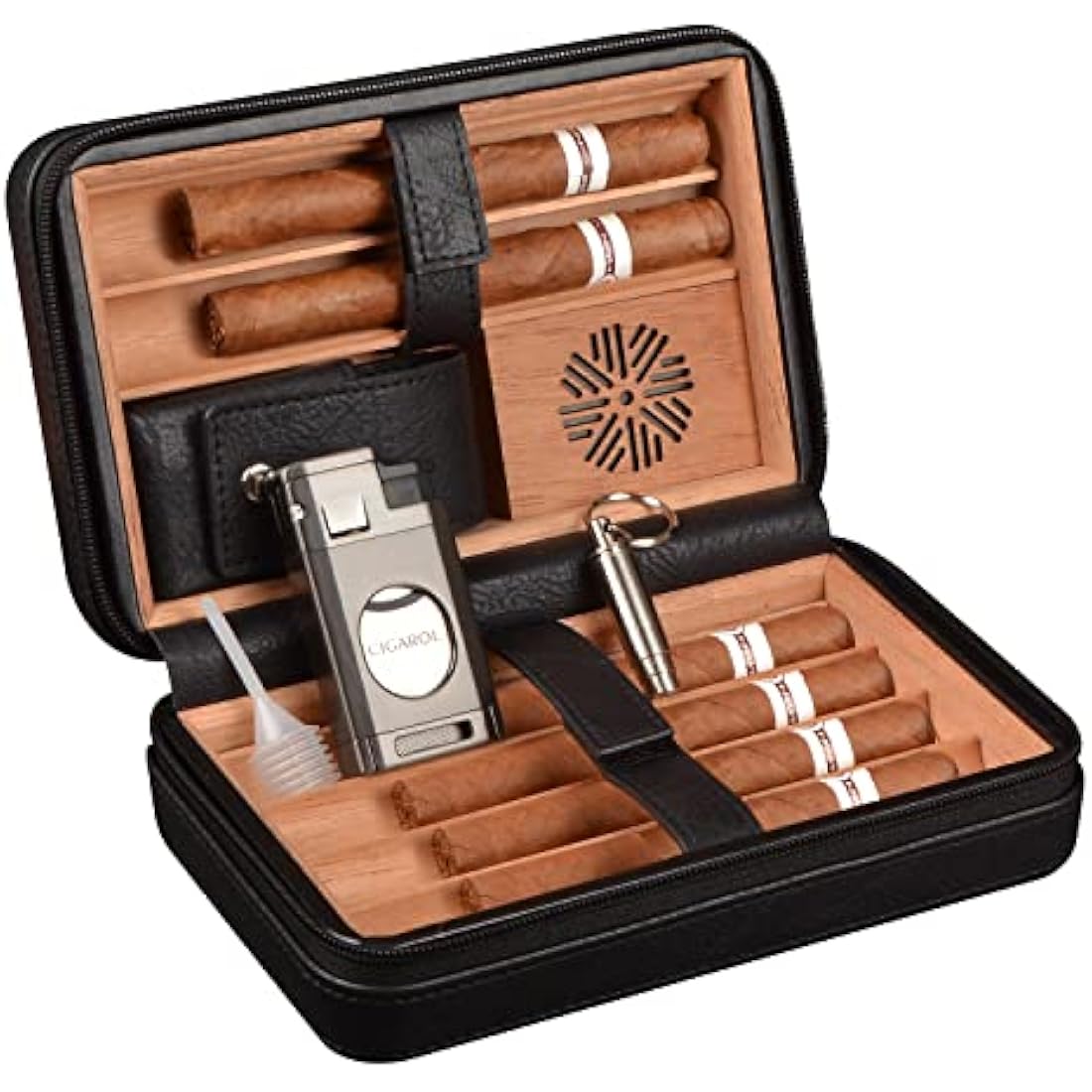 6-Finger Leather Cigar Travel Humidor with Lighter & Cedar Wood
