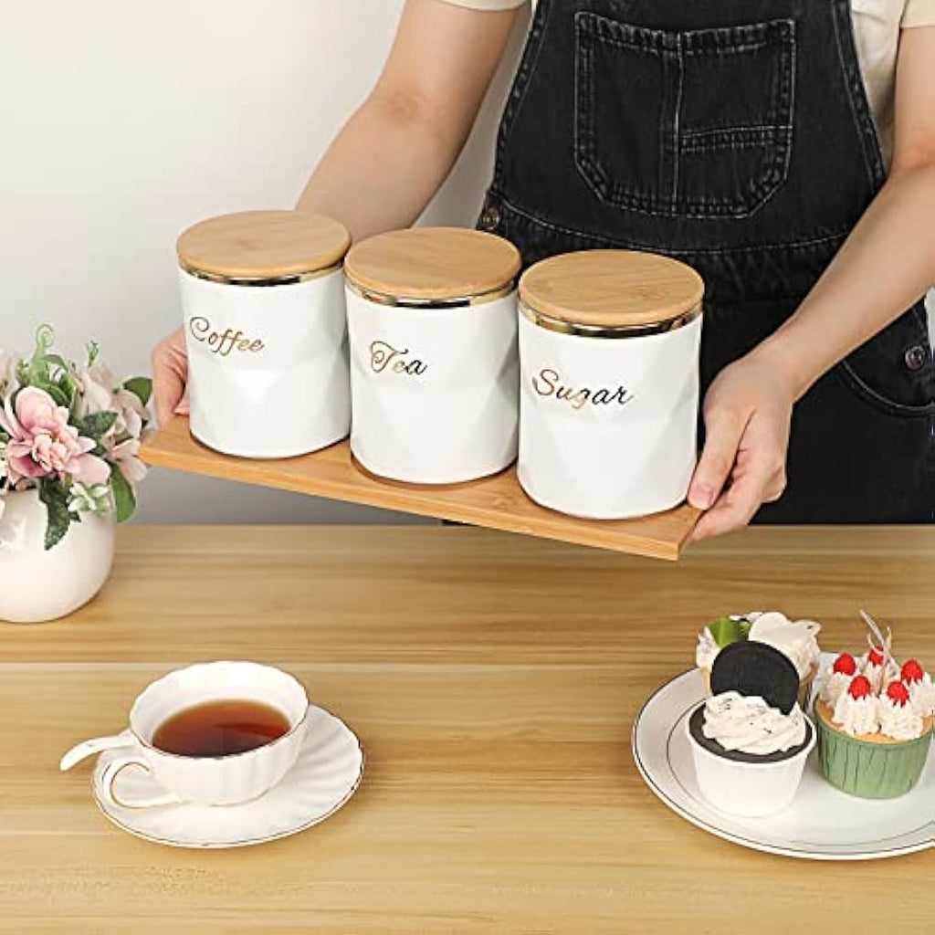 Ceramic Kitchen Canisters – 3pc Airtight Set with Bamboo Tray