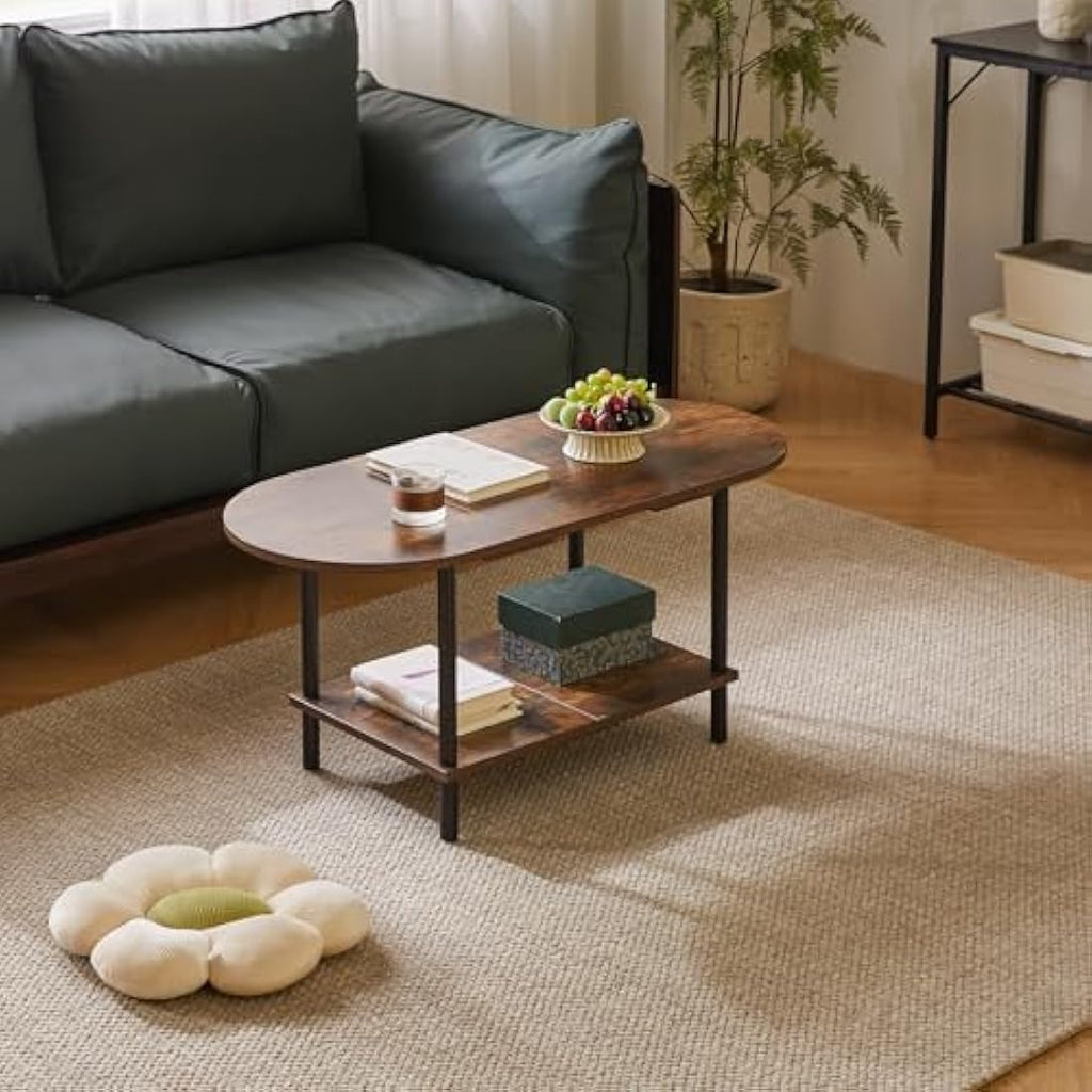 Aibiju 2-Tier Wooden Coffee Table – Oval Rustic Brown Living Room Table