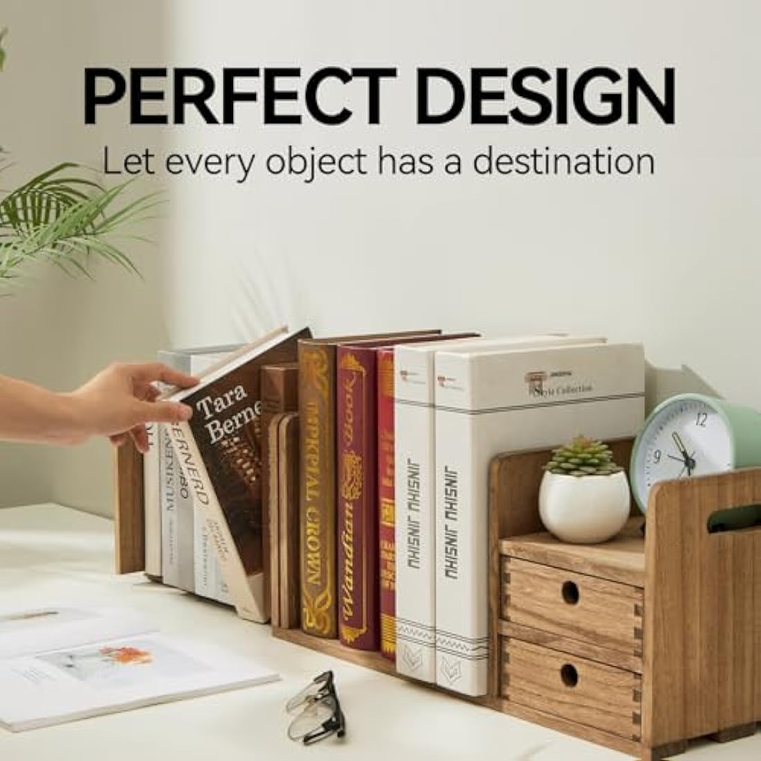 KIRIGEN Expandable Wooden Desktop Bookshelf with 2 Drawers | Solid Wood