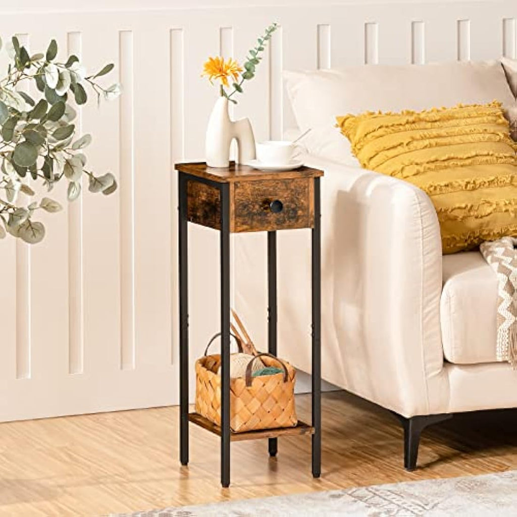 HOOBRO Slim Bedside Table – Narrow Industrial Nightstand with Drawer