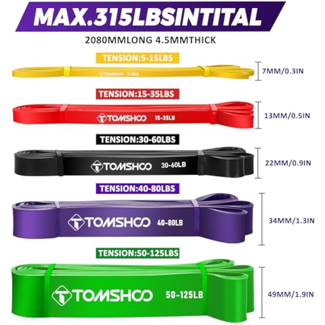 TOMSHOO 5-Pack Pull Up Assist Bands – Natural Latex Resistance Set