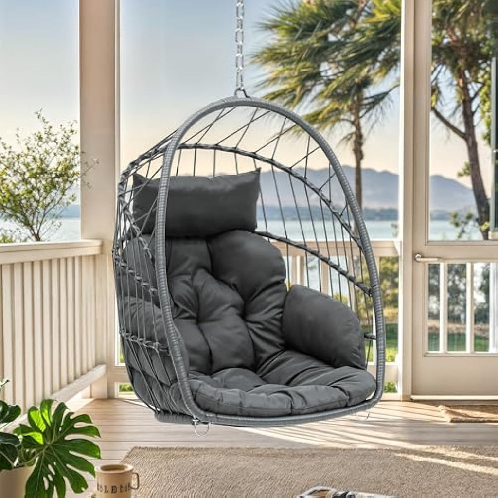 YITAHOME Rattan Hanging Egg Chair – Grey Steel Frame Garden Swing