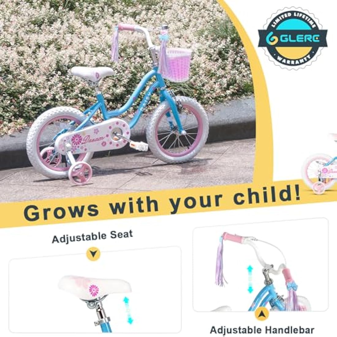 Glerc Daisy 12 Inch Girls Bike with Training Wheels and Basket - Blue