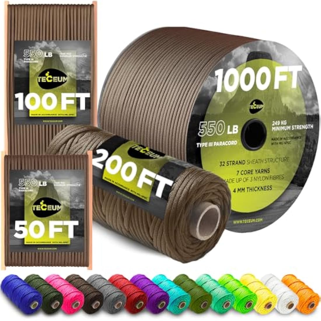 TECEUM 550lb Paracord – 4mm Nylon Tactical Survival Rope for Camping