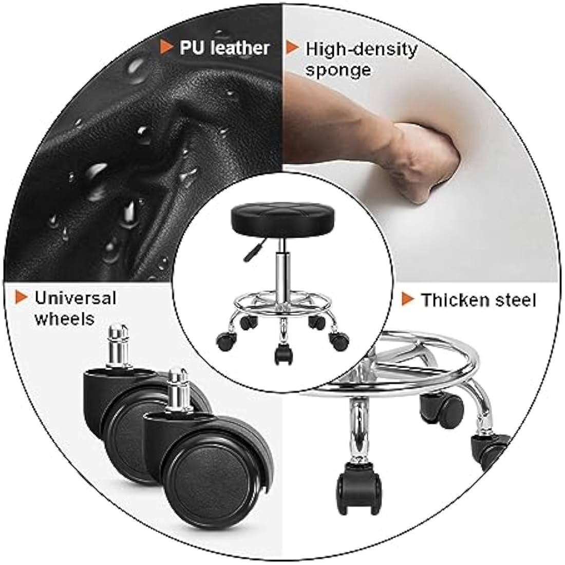 KKTONER Round Rolling Stool - Adjustable PU Leather Swivel Salon Chair