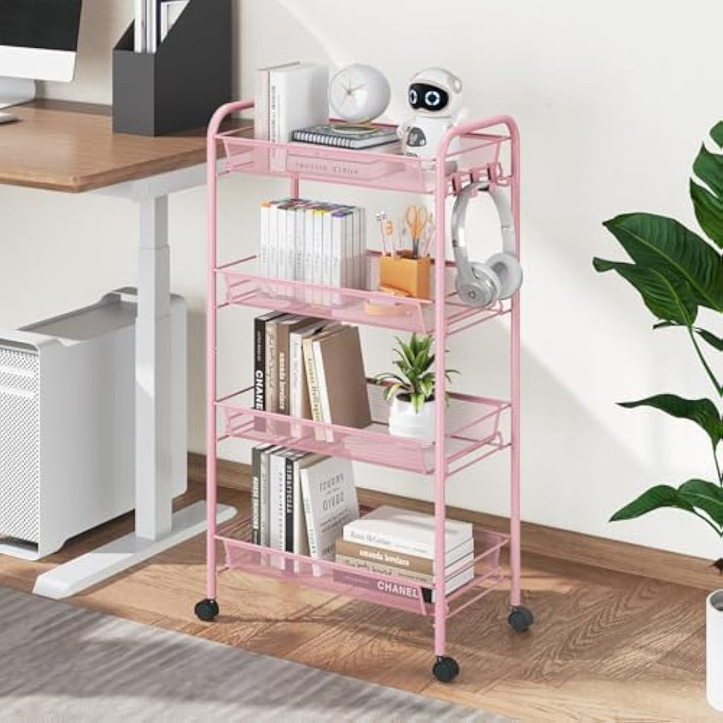 APEXCHASER 4-Tier Rolling Utility Cart | Metal Storage Trolley - Pink