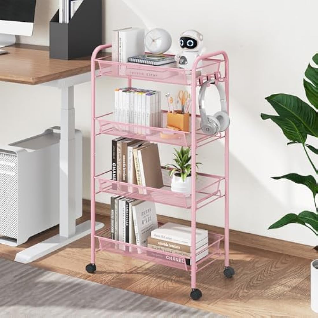 APEXCHASER 4-Tier Rolling Utility Cart | Metal Storage Trolley - Pink