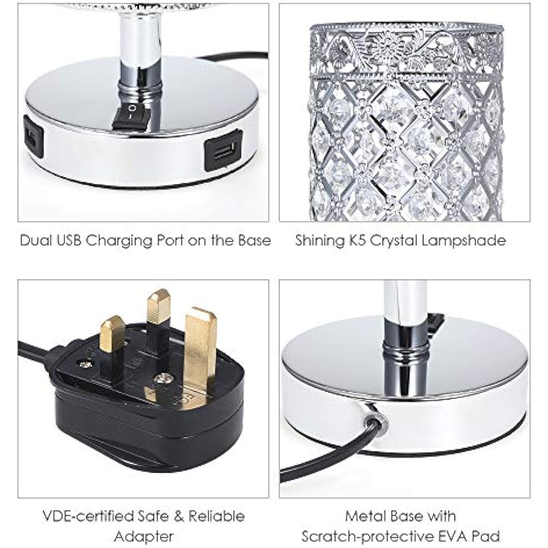 Tomshine Crystal Bedside Table Lamp with Dual USB Ports – Silver