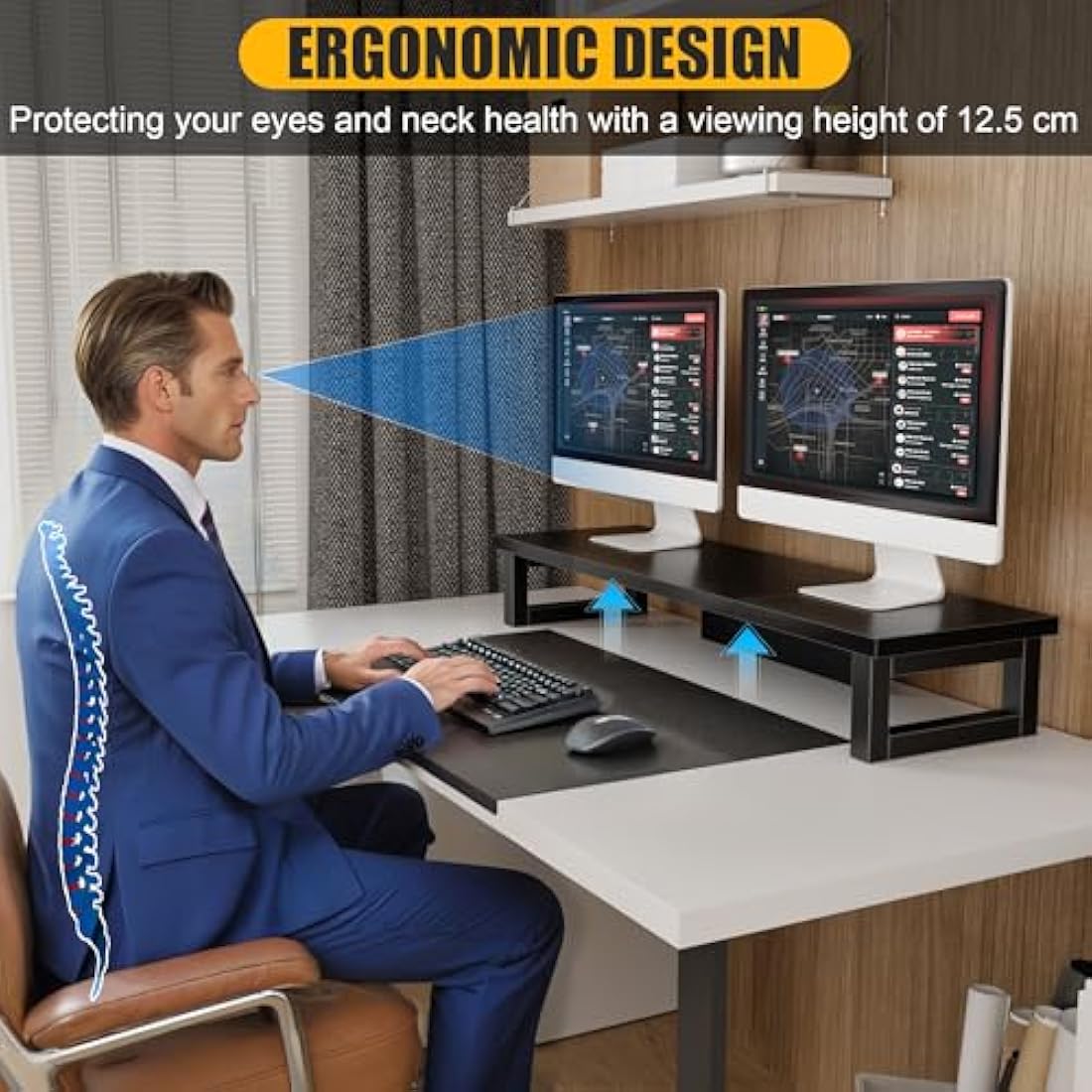 OYRREU Dual Monitor Stand – 91cm Ergonomic MDF Desk Riser, Black