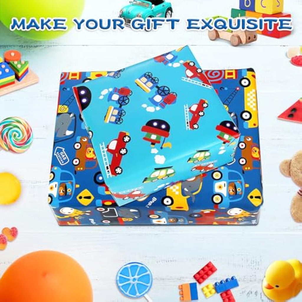 Kids Birthday Gift Wrap Set – Animal & Vehicle Paper Sheets