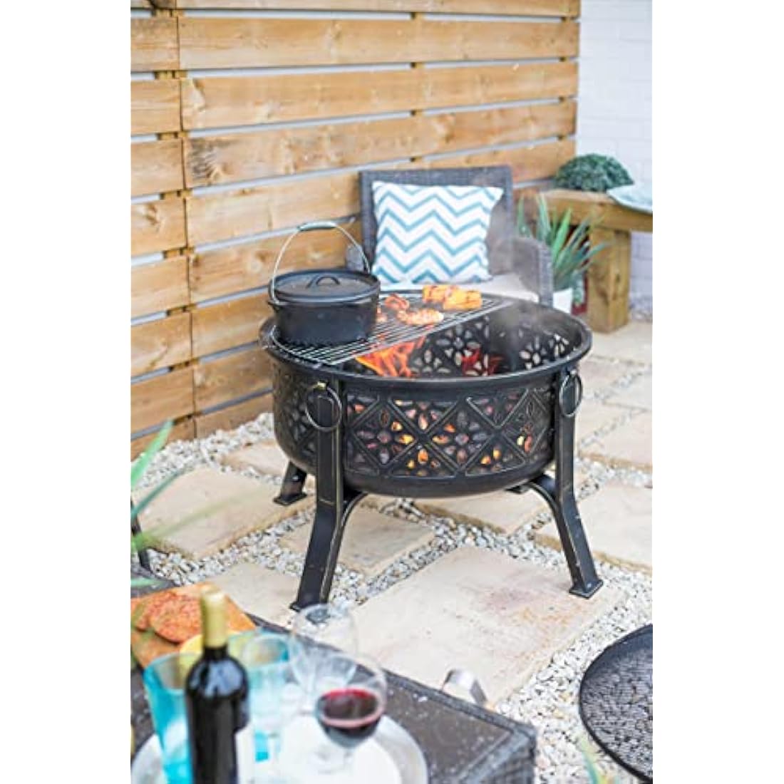 La Hacienda Moresque Deep Steel Firepit with BBQ Grill – Large Bowl
