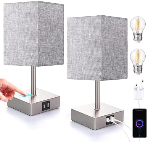 EDISHINE Bedside Lamps Set of 2 – 3-Way Dimmable Touch Lamps with USB