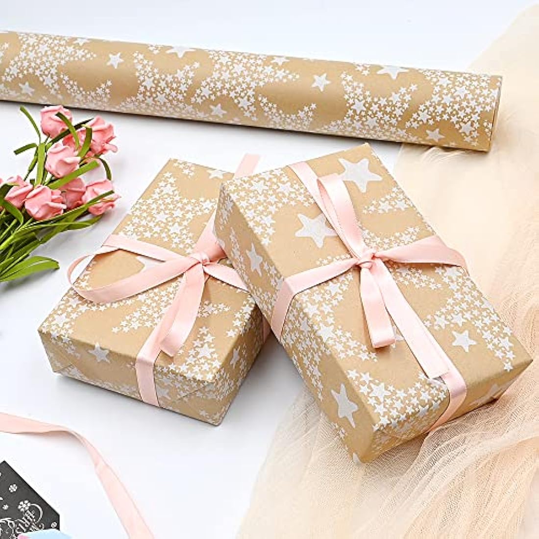 Topeedy White Star Kraft Gift Wrapping Paper Roll - 43cm x 15m Recycle