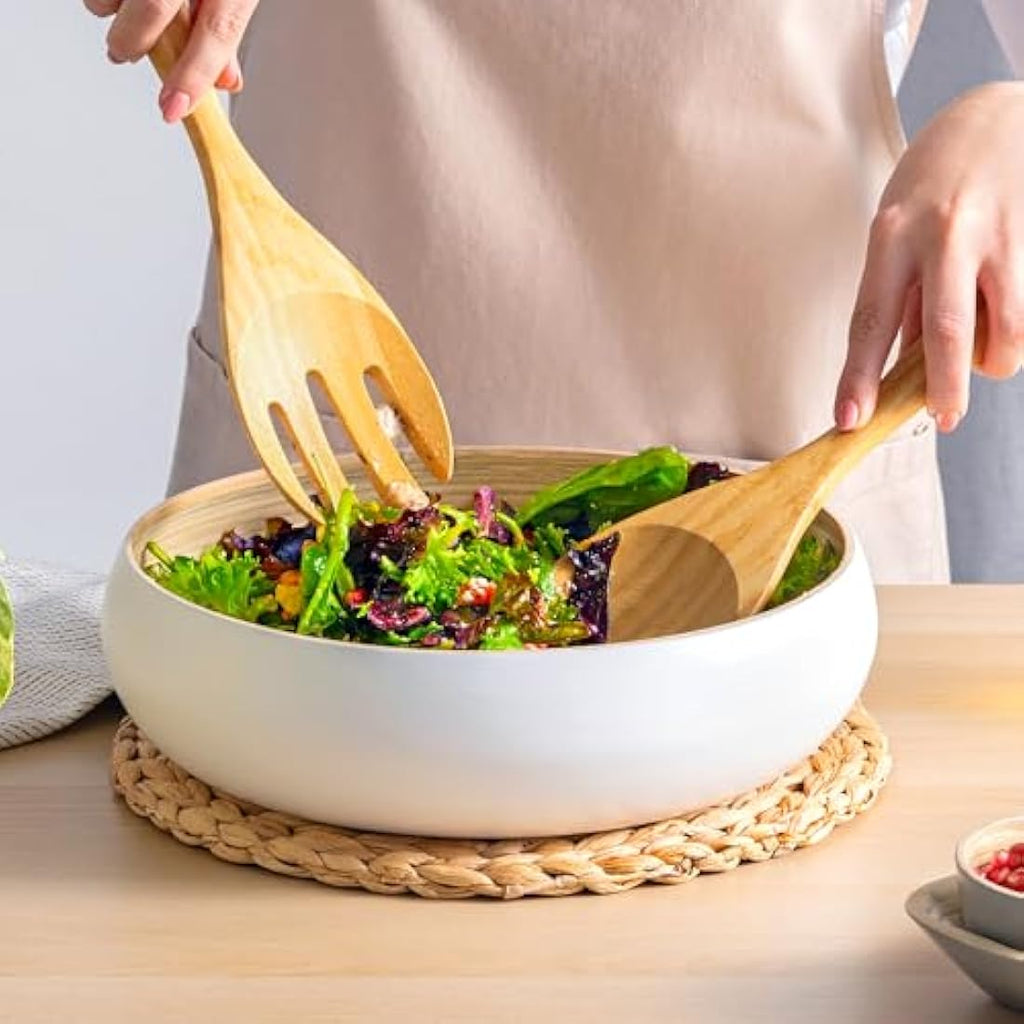 Dehaus Large Bamboo Fruit Bowl – 30cm White Wooden Salad Serving Bowl