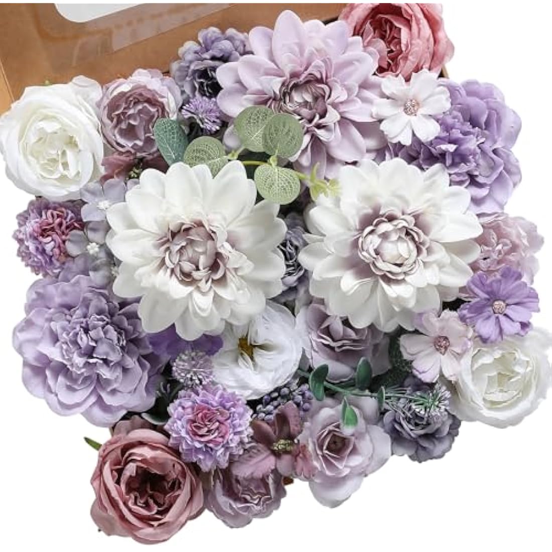 Garisey Artificial Flowers Combo Box Set | White Purple Silk Peony & Rose