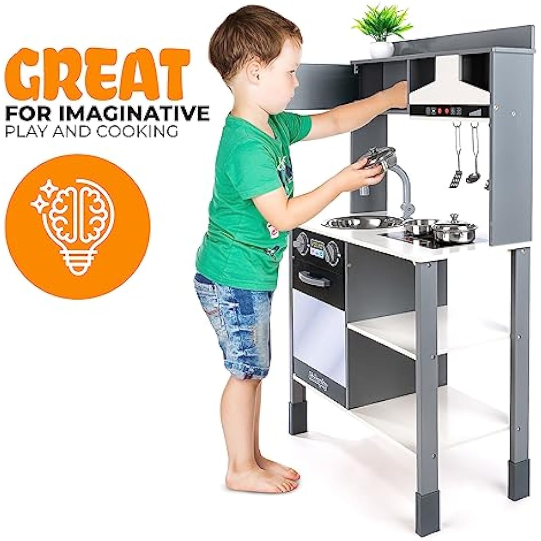 Kinderplay Wooden Toy Kitchen with Interactive Range Hood - GS0062