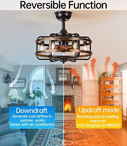 IZOWE 48cm Industrial Caged Ceiling Fan with Light | 3-Speed Reversible