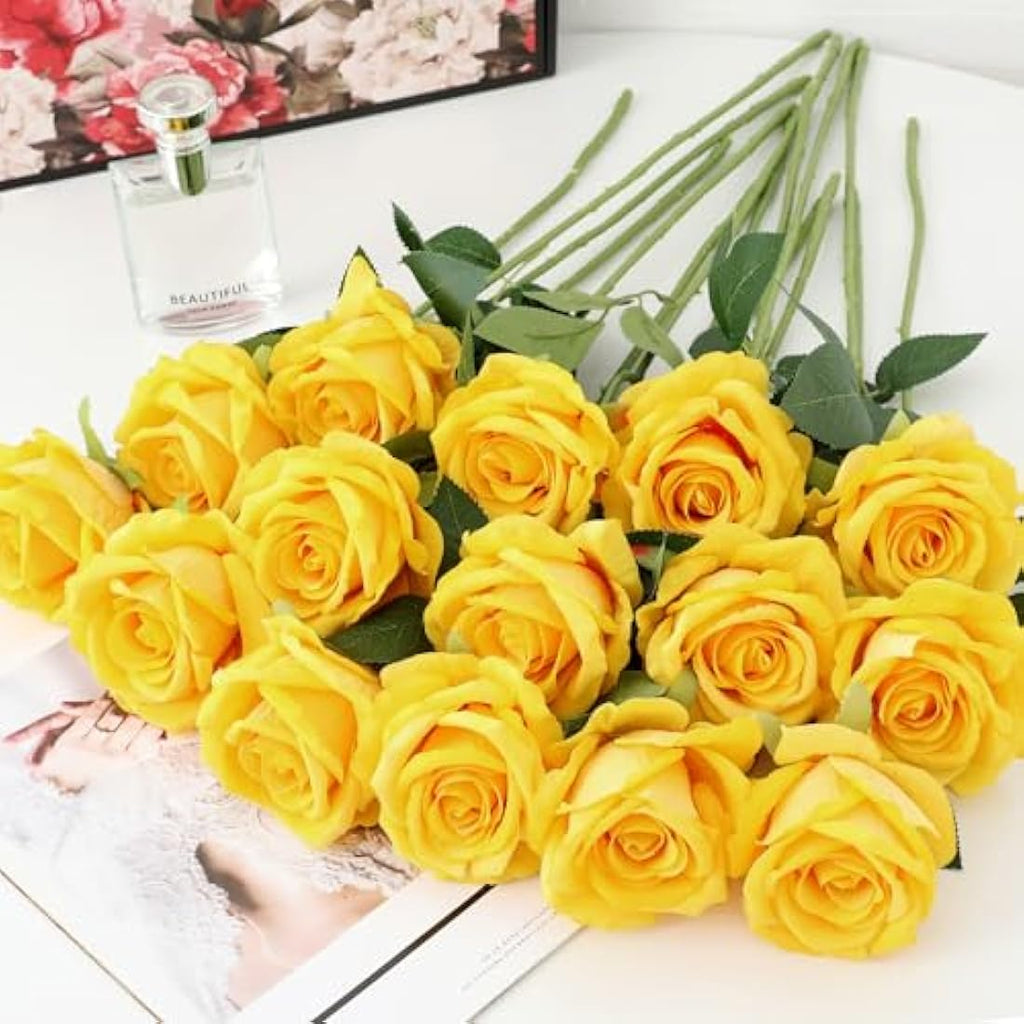 Jolof Store 15Pcs Real Touch Velvet Artificial Roses - Yellow Silk Flowers