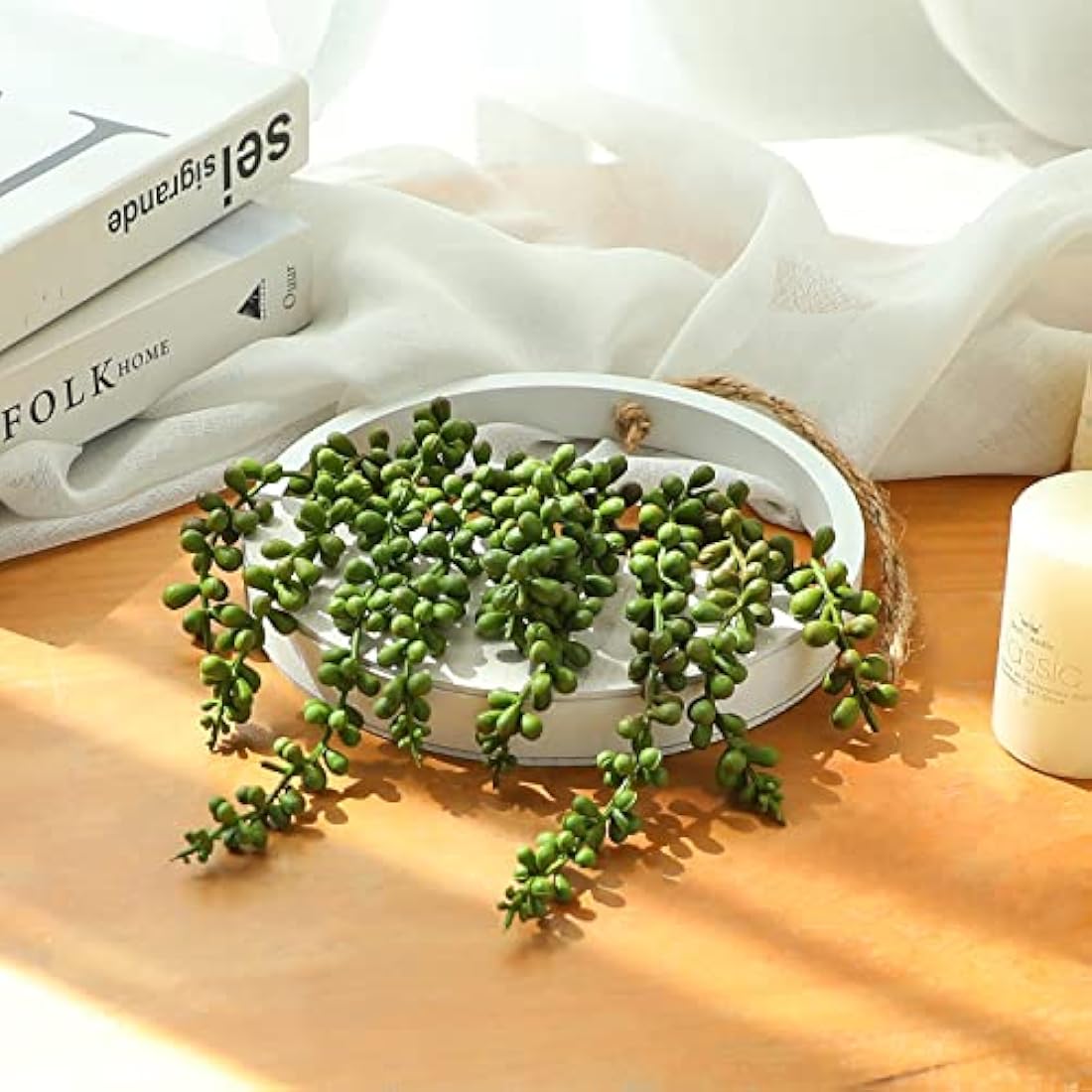 Hobyhoon Artificial String of Pearls Hanging Plant in Wooden Pot