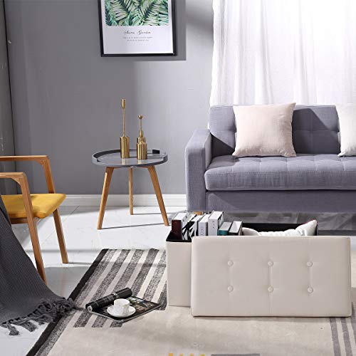 BRIAN & DANY Faux Leather Storage Ottoman Bench - Foldable, Cream