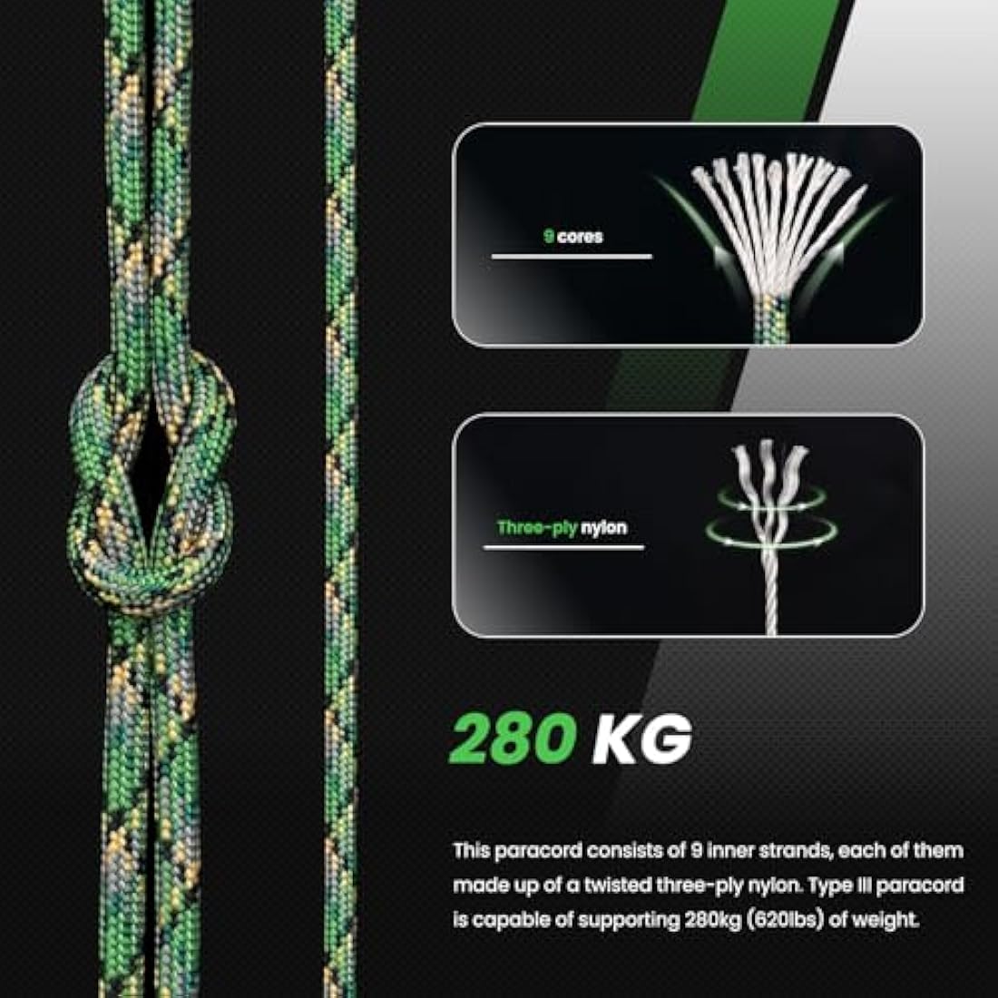 Abma Cord 4mm Nylon Paracord – 9 Strand Type III Rope, 100m Jager Camo
