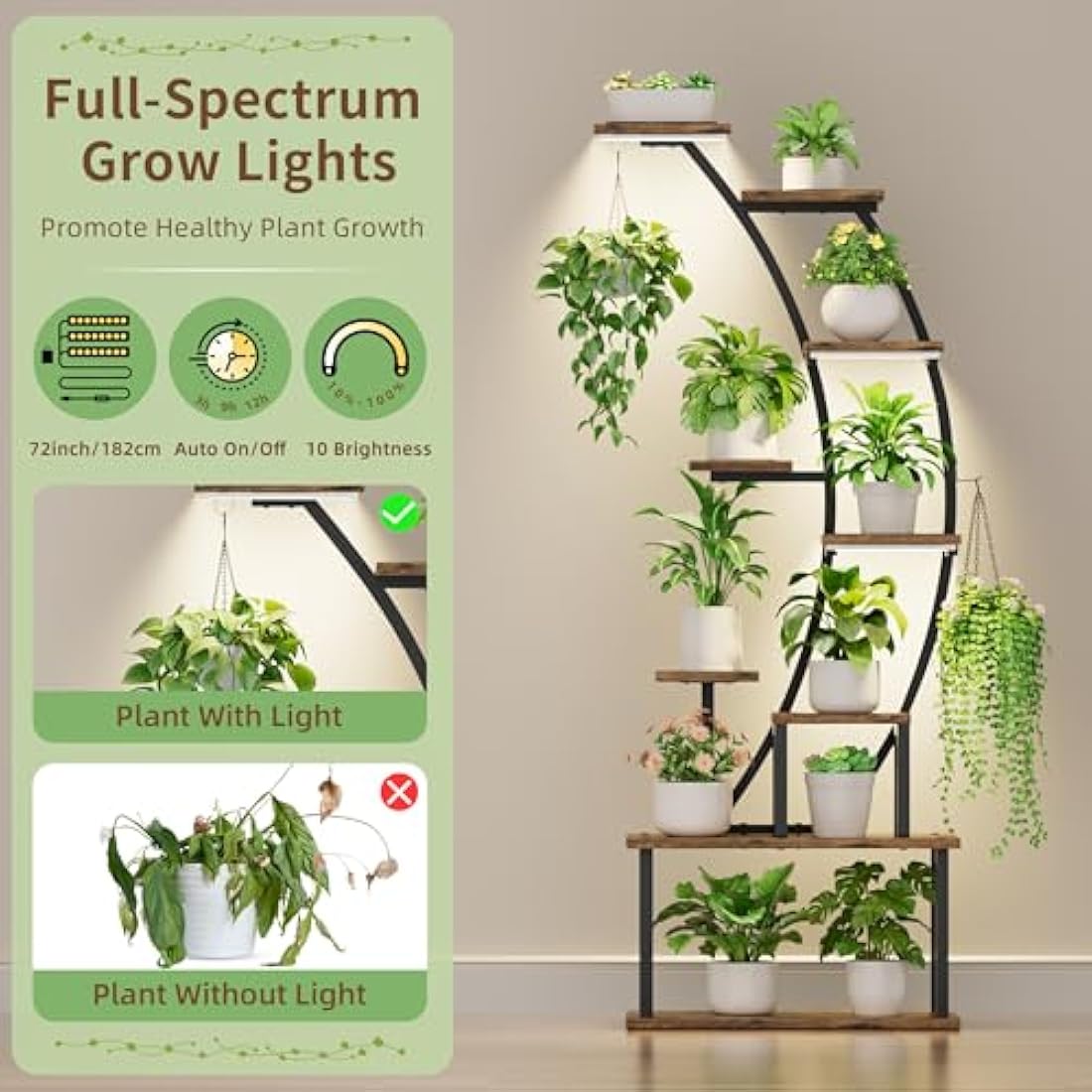 BACEKOLL 9-Tier Indoor Plant Stand with Grow Lights | 63" Metal Shelf