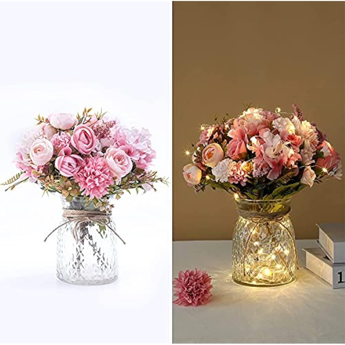 LED Pink Artificial Rose Flowers with Glass Vase – 13"