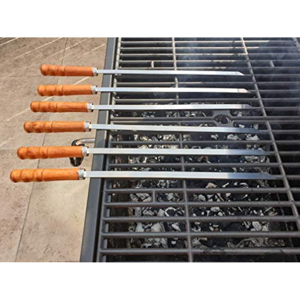 Flat Stainless Steel Kebab BBQ Skewers with Wood Handles | 6pc