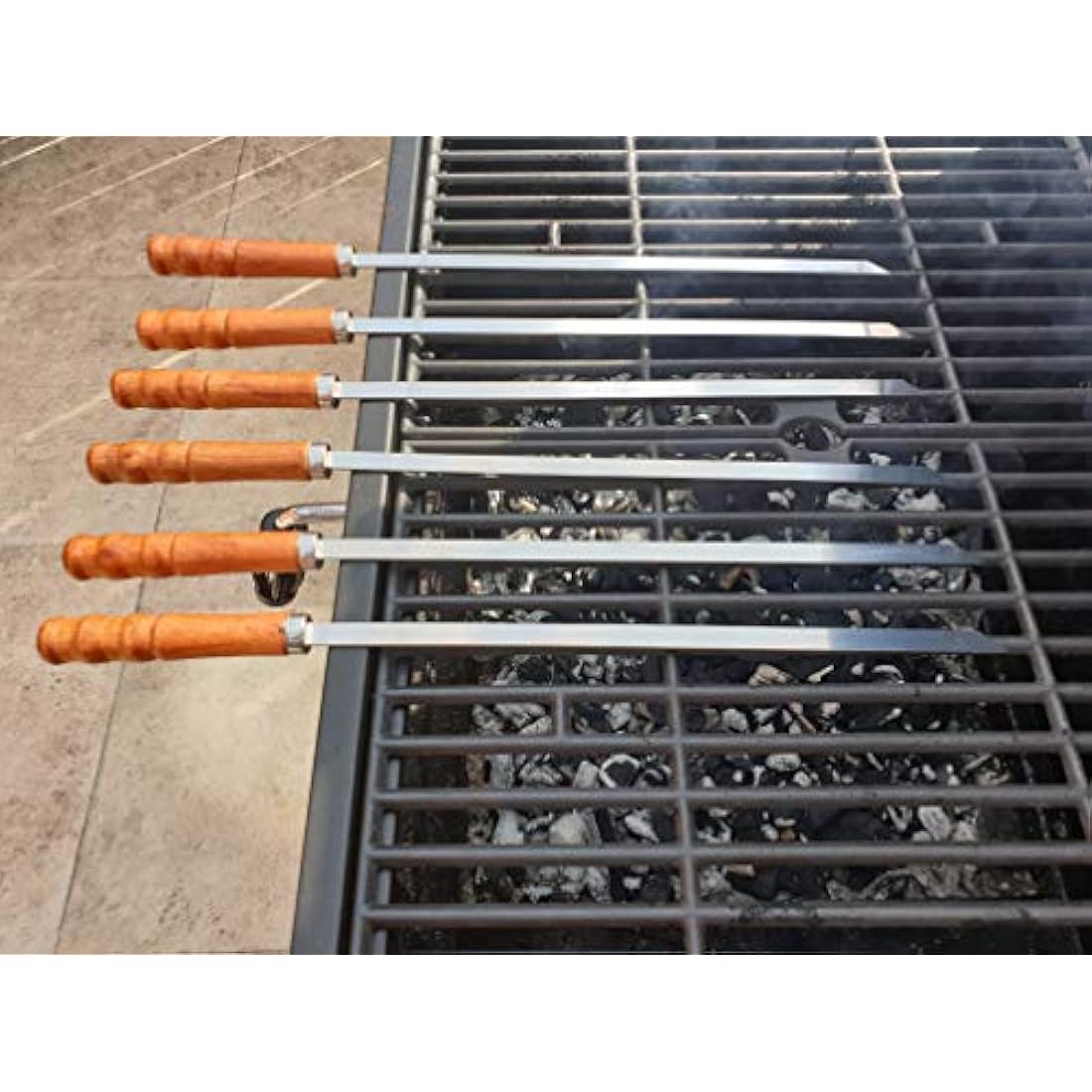 Flat Stainless Steel Kebab BBQ Skewers with Wood Handles | 6pc