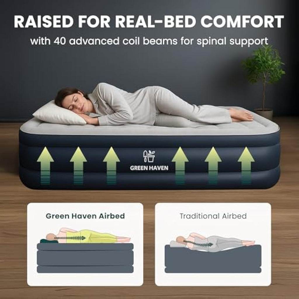 Green Haven Single Raised Air Bed with Built-in Electric Pump & Bag