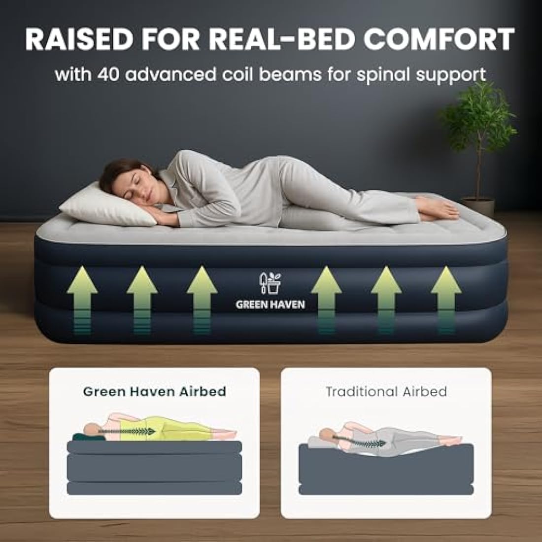 Green Haven Single Raised Air Bed with Built-in Electric Pump & Bag