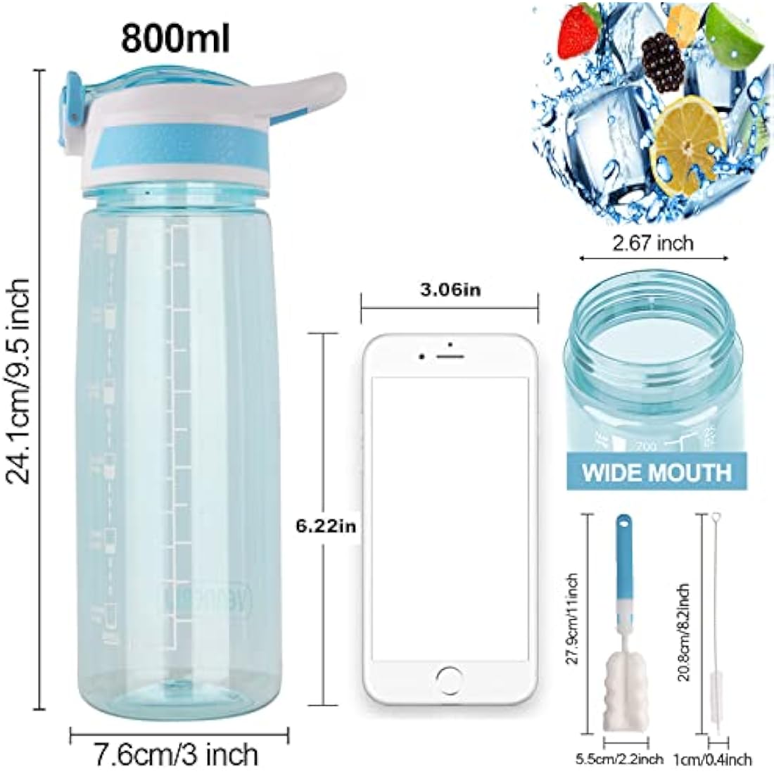 VENNERLI 800ml Tritan Sports Water Bottle with Straw and Time Marking