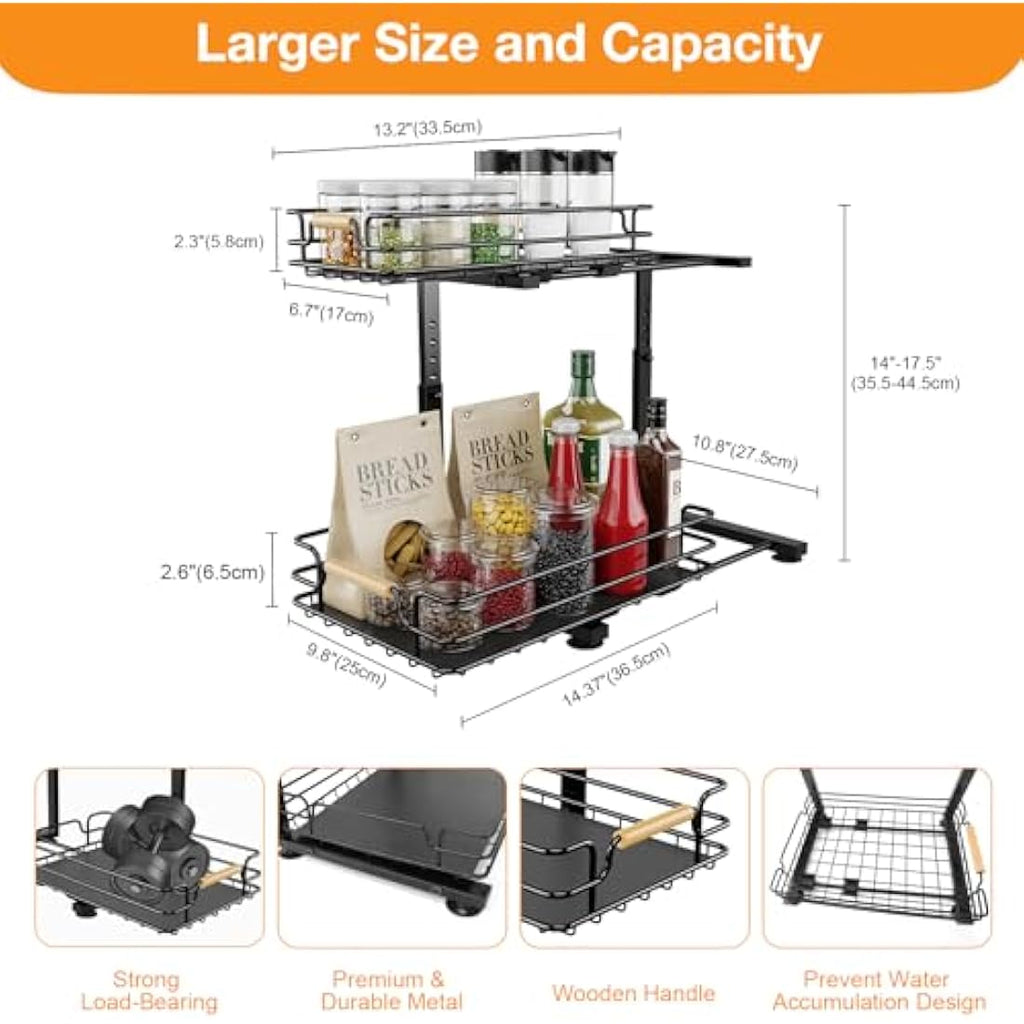 JYPS 2-Tier Under Sink Organiser – Adjustable Metal Sliding Storage Shelf
