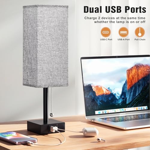 Aooshine Bedside Lamps Set of 2 | USB C+A Ports & 3-Color Modes