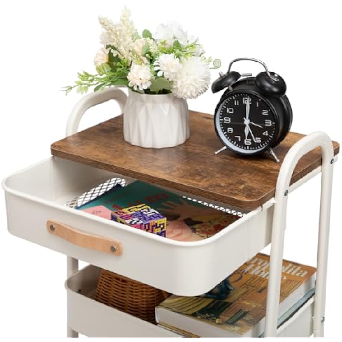 3-Tier Metal Rolling Storage Trolley with Drawer - White