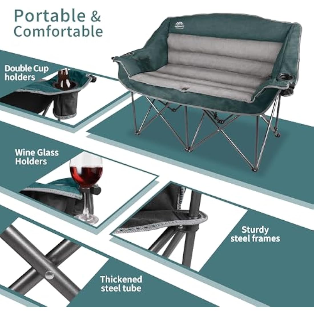 LANMOUNTAIN Double Camping Chair – Heavy Duty Padded Folding Loveseat