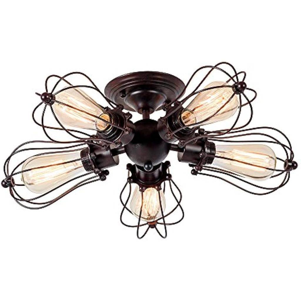 LULING Vintage Industrial Wire Cage Ceiling Light – 5-Light Rust Metal