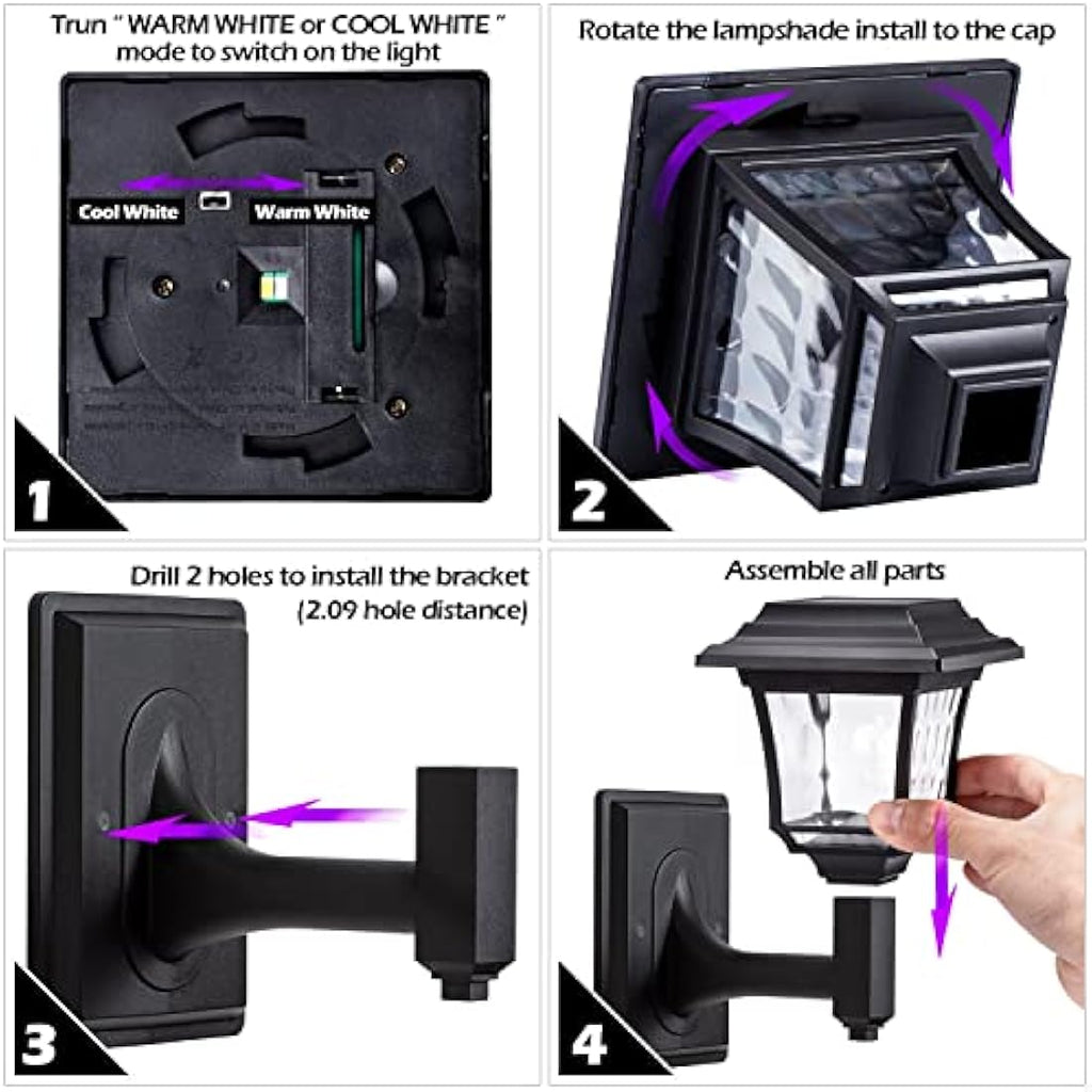 LeiDrail Solar Fence Lights | 2-Mode Waterproof Outdoor Garden Decor | 4 Pack