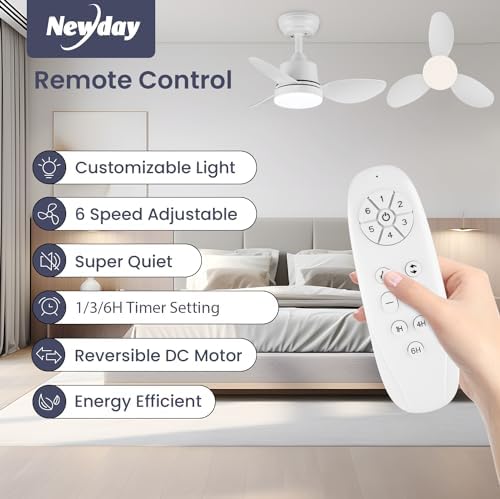 Newday 24" Small White Ceiling Fan with Dimmable LED Light and Remote