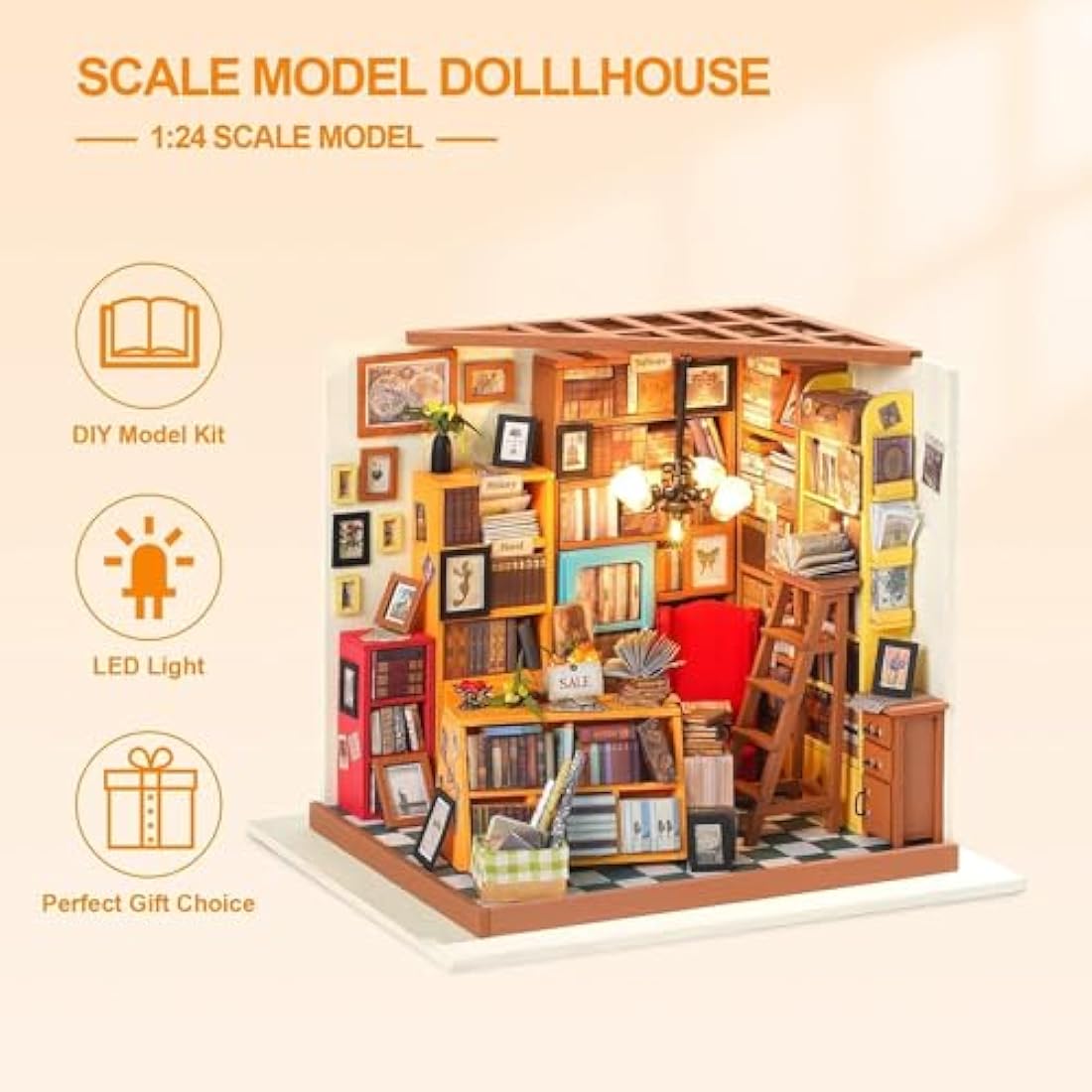 RoWood DIY Miniature Library Dollhouse Kit – 1:24 Scale Wooden Model