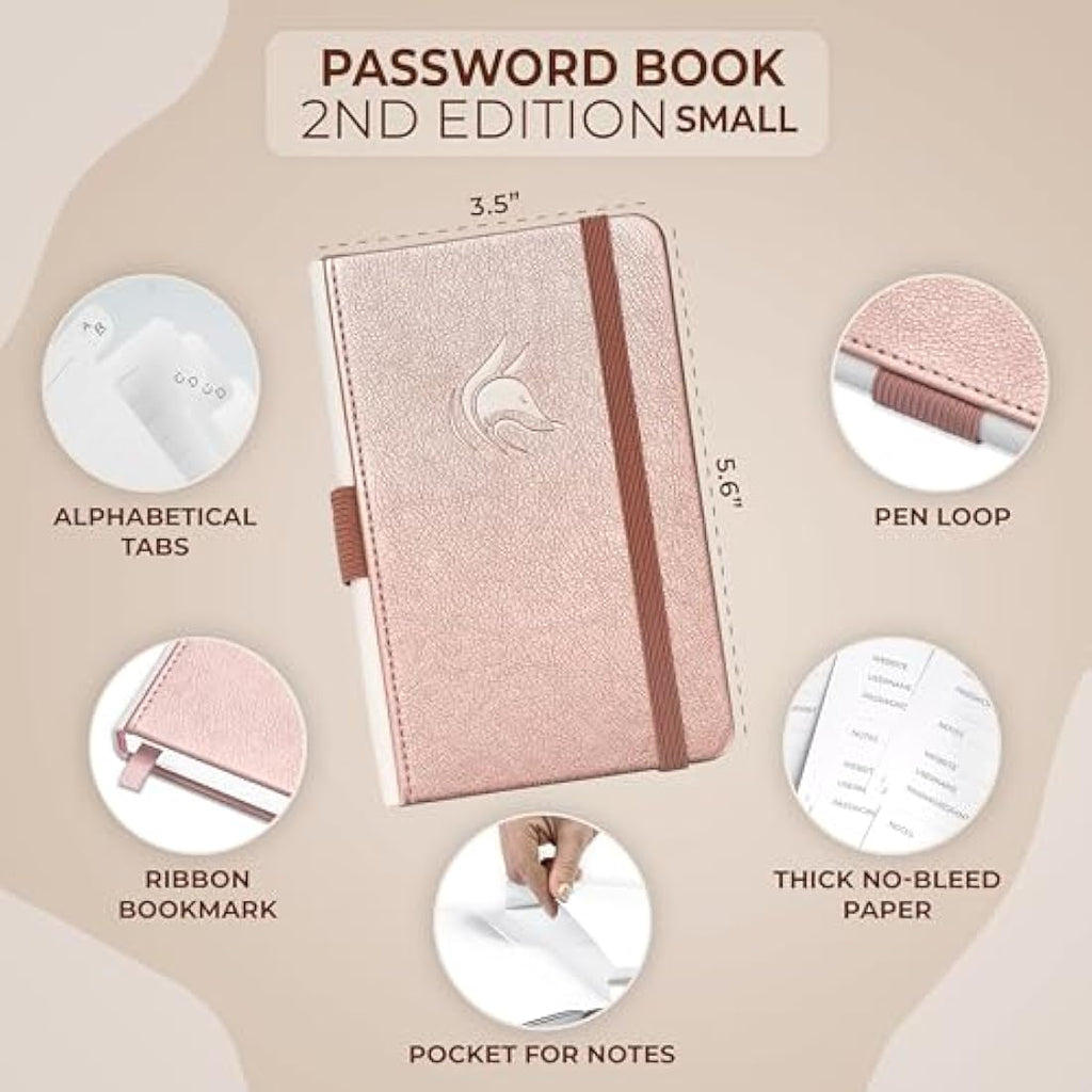 Clever Fox Password Book 2nd Edition - Pocket Login Organizer, Rose Gold