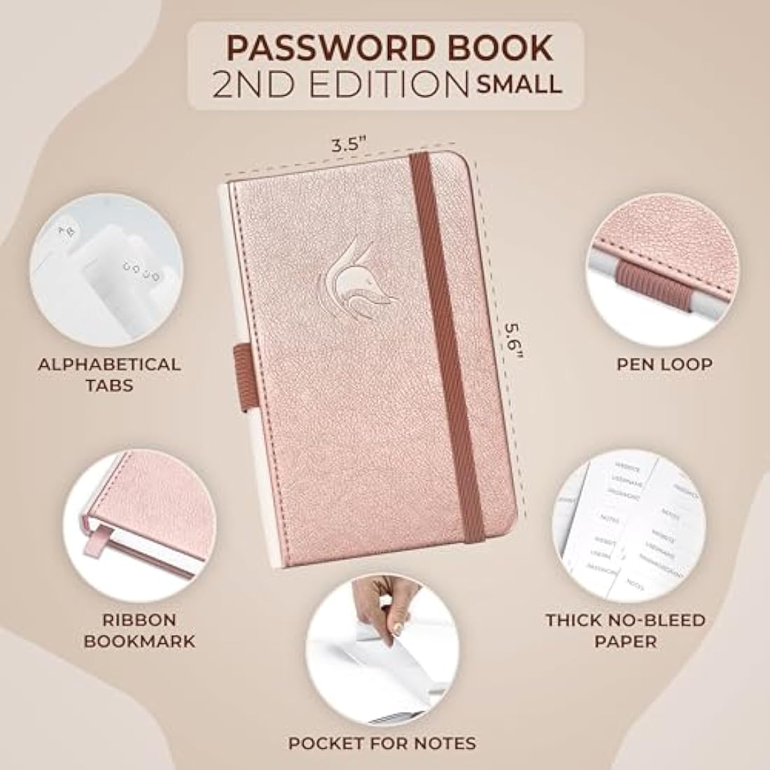 Clever Fox Password Book 2nd Edition - Pocket Login Organizer, Rose Gold