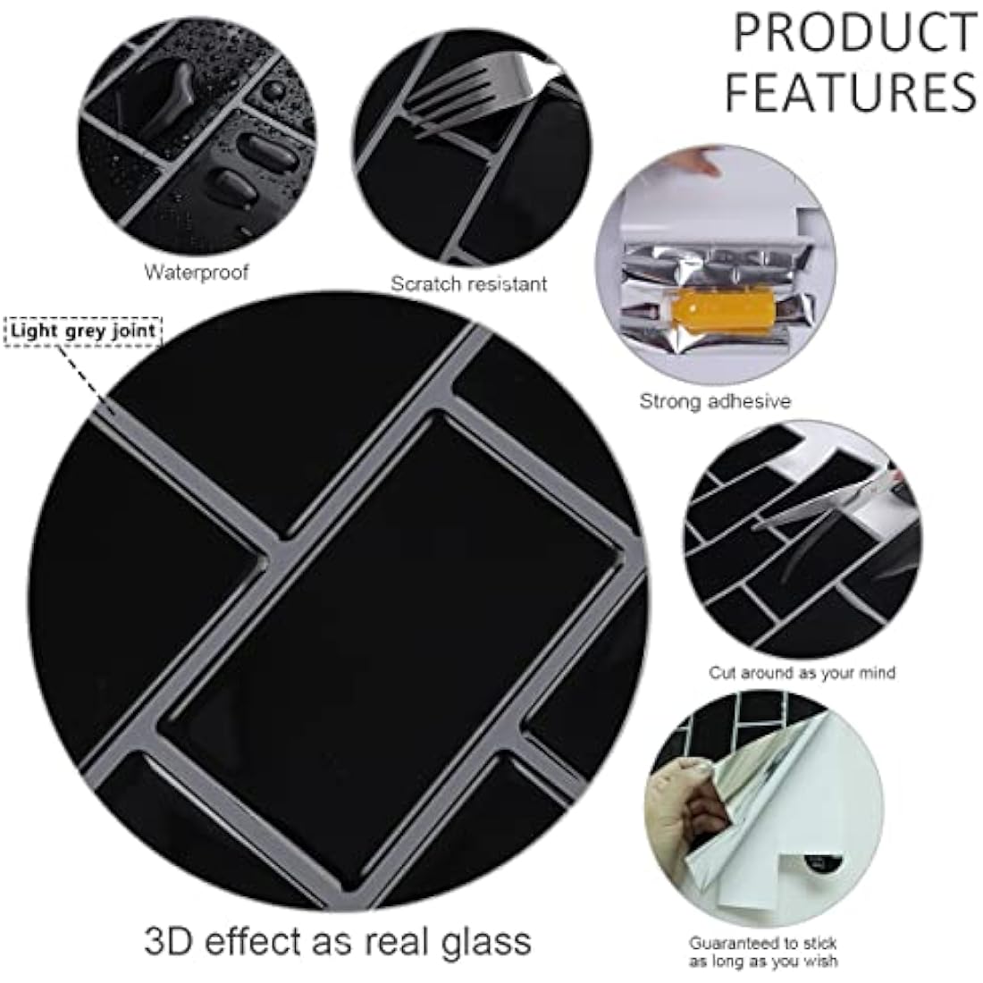 Black Subway Peel and Stick Wall Tiles - 10 Sheet Set