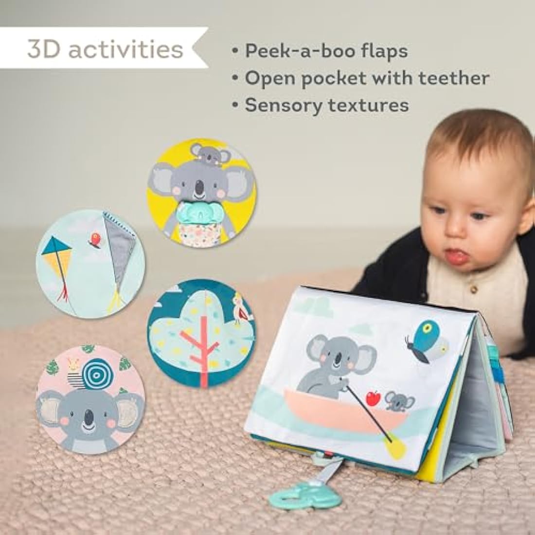 Taf Toys Koala Tummy Time Sensory Book – Soft Activity Book with Teether