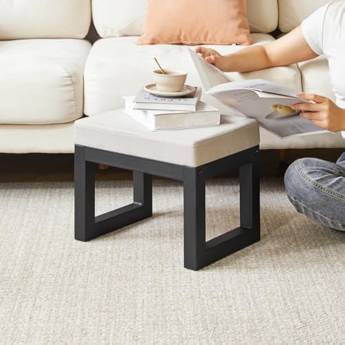 IBUYKE Small Ottoman Footstool – Padded Linen Shoe Stool, Gray