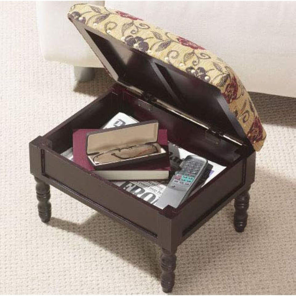 Floral Storage Footstool – Padded Ottoman with Wood Legs
